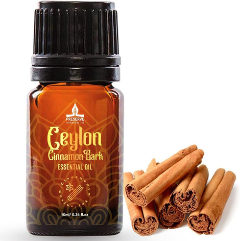 PRESERVE Ceylon Cinnamon Bark Essential Oil, 100% Pure Natural Oil, Undiluted, Therapeutic Grade Base Oil for Aromatherapy, Diffuser, Fragrance, Food. 10ml/0.34oz.