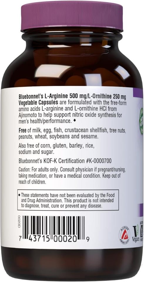 Bluebonnet Nutrition L-Arginine 500mg/L-Orinithine 250mg, Supports Protein Metabolism*, Vegan, Non-GMO, Gluten-Free,