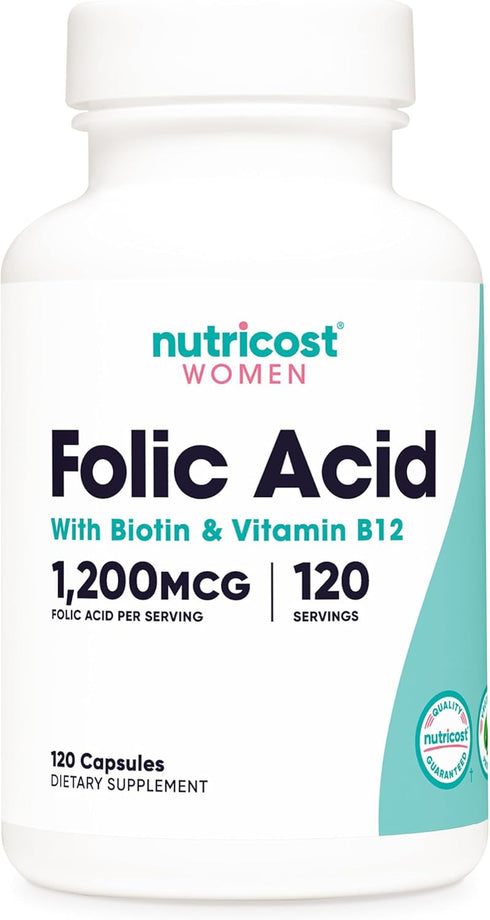 Nutricost Folic Acid for Women, 1200 mcg, 120 Capsules with B12 and Biotin