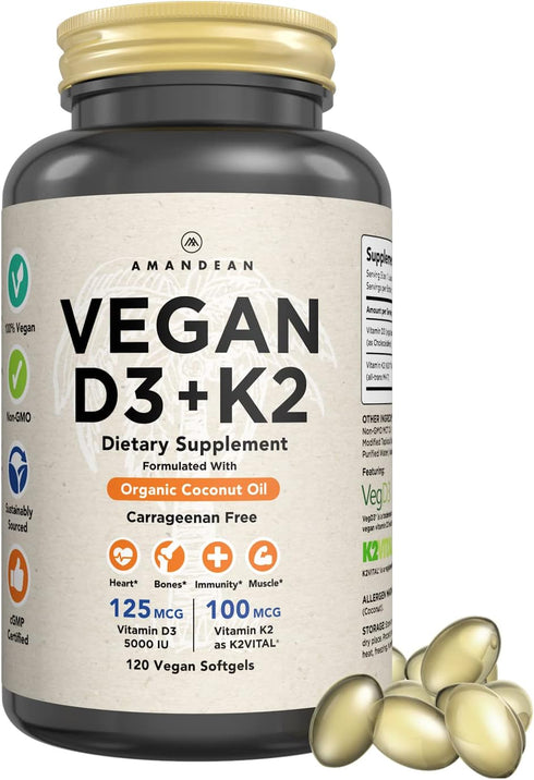 AMANDEAN Vegan Vitamin D3 K2, 5000 IU from Algae, All-Trans MK-7, 120 Softgels for Mood, Bones, Heart, Immune Health