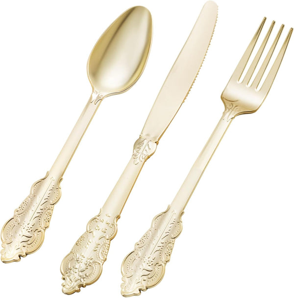 150PCS Gold Plastic Silverware - Heavy Duty Disposable Utensils for 50 Guests, Perfect for Weddings or Parties