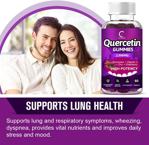Quercetin Gummies - 60 Gummies (2 Pack) - Extra Strength Immune System Booster with Bromelain, Vitamin C, Zinc &