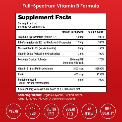 USDA Organic Vitamin B Complex Liquid Drops | B Vitamins Supplement with B1, B2, B3, B6, B7, B9 & Methyl B12