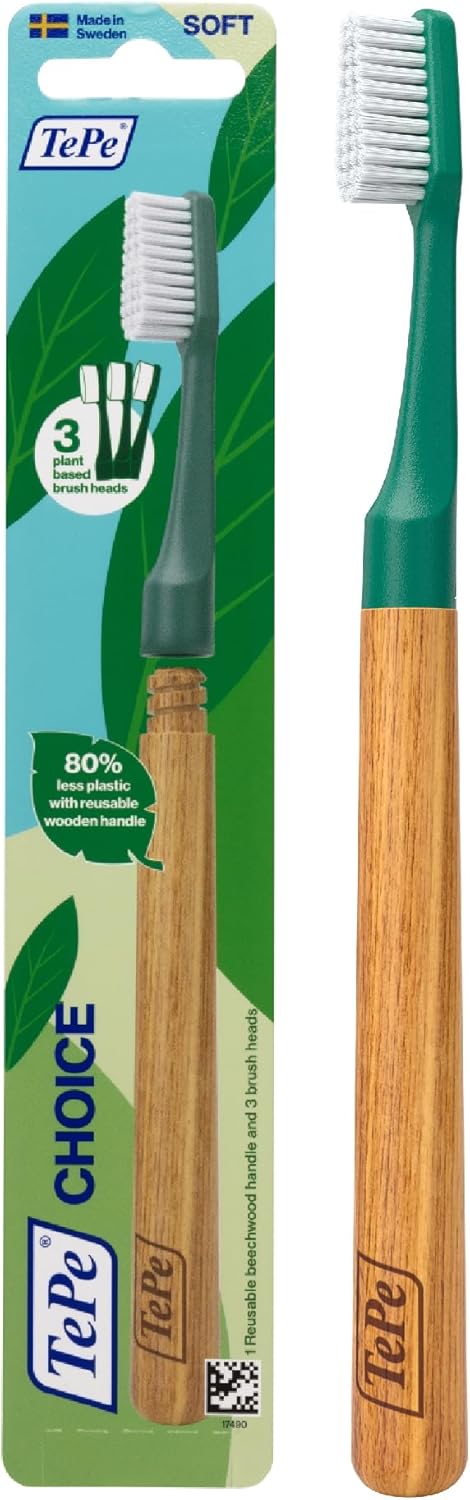 TEPE Choice Soft Toothbrush, Dental Toothbrush for Teeth Cleaning with 3 Replaceable Heads, Green