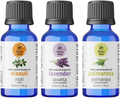 Hikona Heka Essential Oils Set for Diffusers Lavender, Palmarosa & Niaouli, 100% Pure Undiluted
