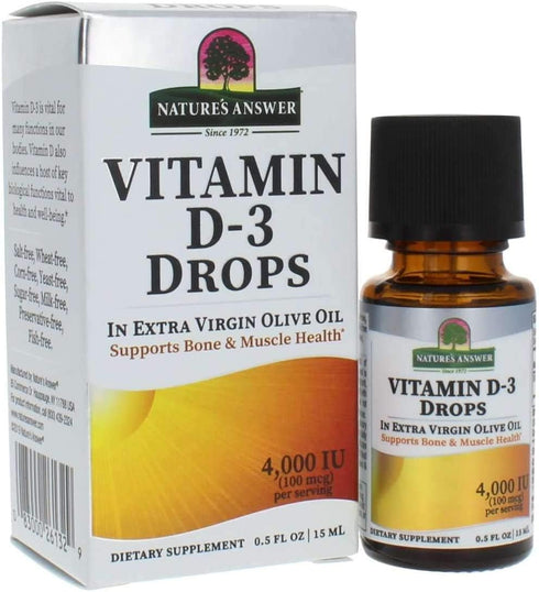 Nature's Answer Vitamin D-3 Drops with Extra Virgin Gold Olive Oil - Quickly Absorbed, No Fillers, 0.5oz