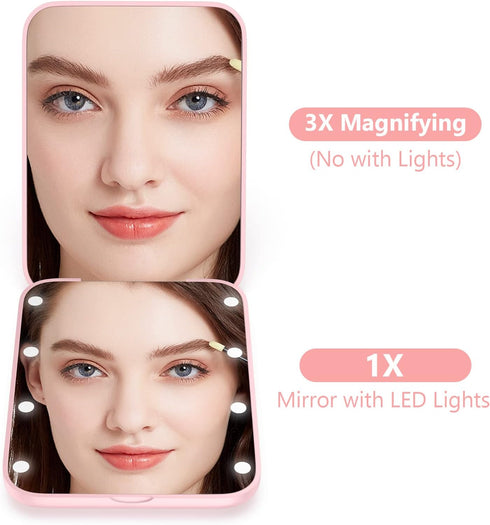 WOBSION Small Mirror with Lights, LED Compact Makeup Mirror, 1x/3x Mini Travel Mirror, Portable for Purse, Gifts for