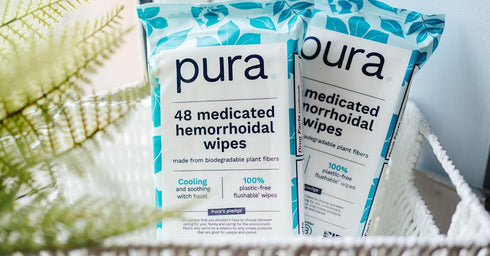 Pura Flushable Hemorrhoid Wipes, 48 Medicated Wipes with Cooling Witch Hazel, Coconut Oil & Aloe Vera, Plastic Free