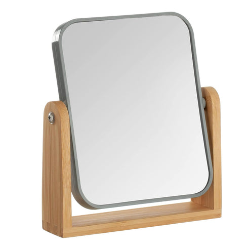 YEAKE Double Sided 3X Magnifying Makeup Mirror, Small Desk Table Mirror with Bamboo Stand, Grey