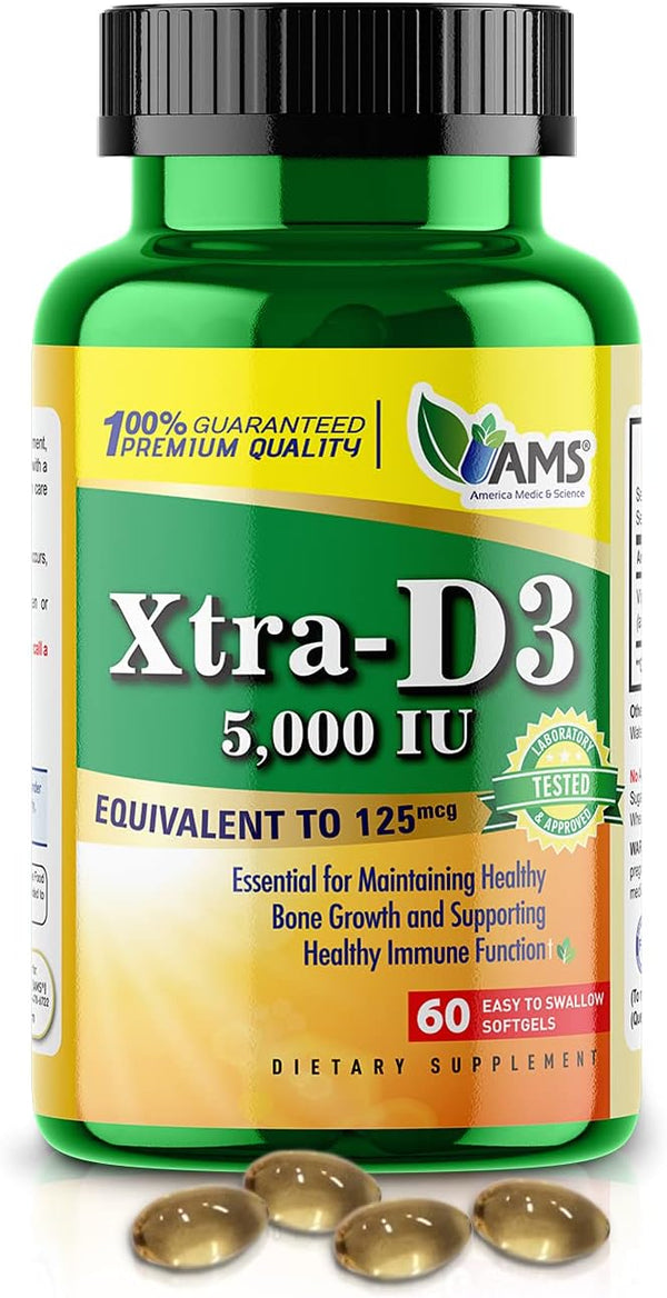 America Medic & Science Xtra D3 Vitamin D 5,000 IU, Supplement for Bone & Immune Health (60 Softgels)