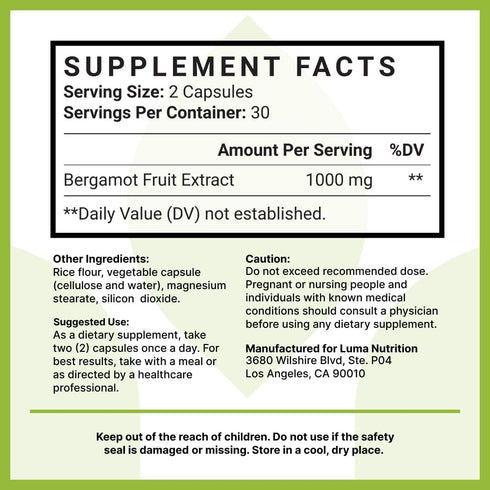Luma Nutrition Citrus Bergamot 1000mg Supplement, Made in The USA, Veteran Owned, 60 Capsules
