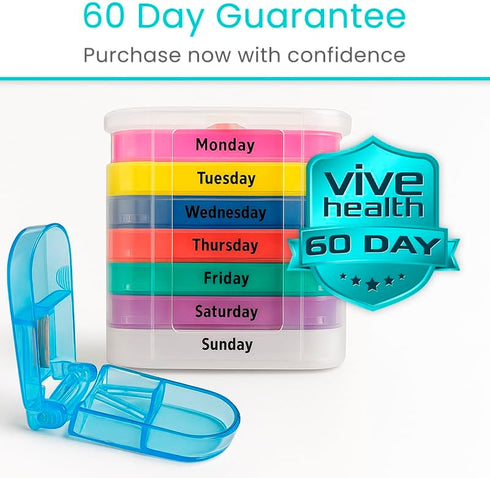 Vive Stackable Pill Organizer Tower with Pill Cutter for Vitamins, 7 Days 4 Times a Day