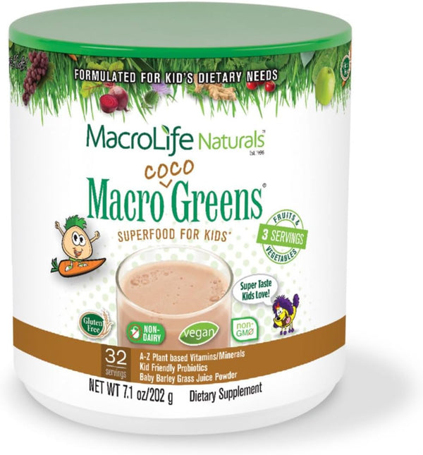 MacroLife Naturals MacroCoco Greens Chocolate Superfood Powder for Kids, 7oz (32 Servings)
