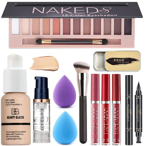 All in One Makeup Kit For Girls - 12 Colors Naked Eyeshadow Palette, Nude Foundation, Makeup Brush, Eyebrow Soap Kit.
