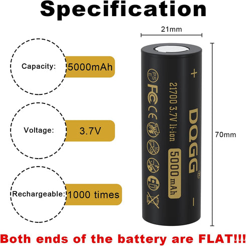 3.7 Volt 21700 Rechargeable Battery 5000mAh 2 Pack Large Capacity for LED Flashlight, Headlamps