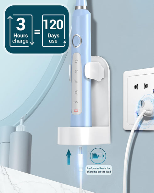 Rtauys M5 Rechargeable Sonic Electric Toothbrush - Power Toothbrush with 8 Brush Heads, Travel Case, Light Blue