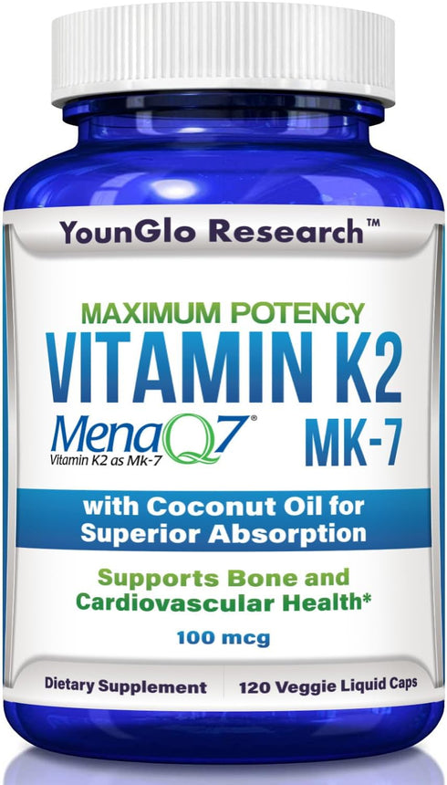 Vitamin K2 MK7 (MenaQ7) 100 mcg with Coconut Oil - Dietary Health Supplement, 120 Vegan Liquid Capsules