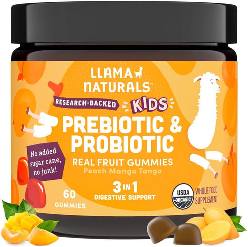 Llama Naturals Kids Probiotic with Prebiotic Fiber, Vegan Organic Gummies for Gut Health Support (60 Ct)