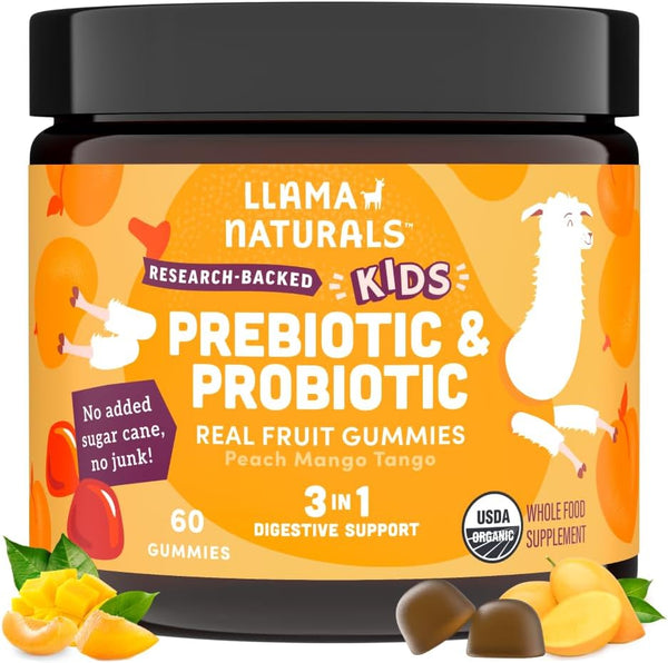 Llama Naturals Kids Probiotic with Prebiotic Fiber, Vegan Organic Gummies for Gut Health Support (60 Ct)