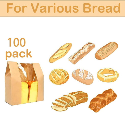 PONGHEI Packaging Pack 100(11.8x8.2x3.5 inch) Large Paper Bread Bags for Homemade Sourdough-Bread Bag for Gifting