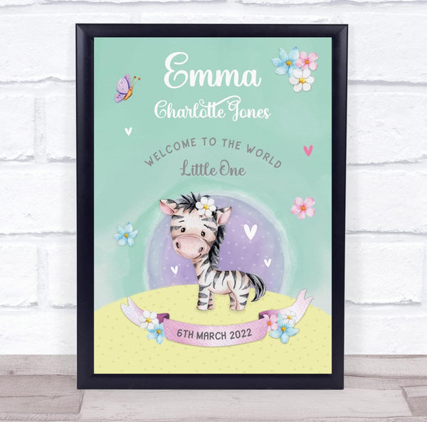 The Card Zoo New Baby Birth Details New-Born Nursery Christening Zebra Keepsake Gift Print