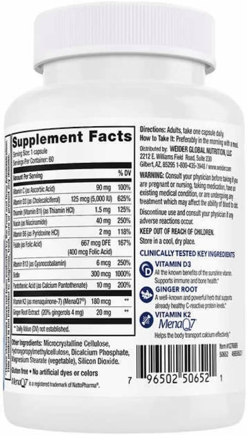 Artery Health for Heart, Immune and Bone Support with Vitamin K2 (180mcg) & Vitamin D3 (5000iu), 60 Veggie Capsules
