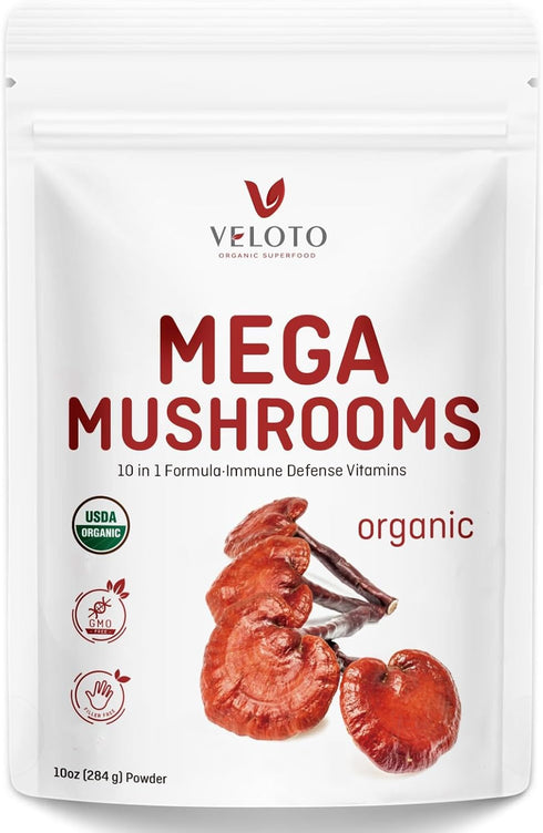VELOTO Organic Mega Mushroom Powder Blend,10 in 1 Complex Mushroom Extract Powder Herbal