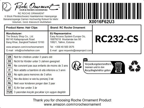 RC ROCHE ORNAMENT 6 Pcs Women's Premium Hair Plastic Banana Classic Clincher Strong Hold Ponytail Maker, Large Classic