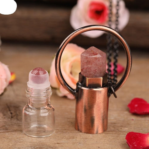 HXSCOO 2ML Natural Amethysts Strawberry Quartz Roll On Perfume Bottle Pendant Necklace Women Quartz Crystal Essential