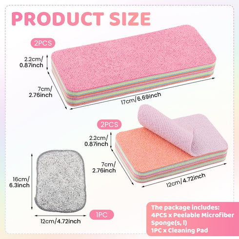 XIHUADOU 4 Pack 12-Layer Peelable Microfiber Sponges Ultra Absorbent Reusable Cleaning Pads for Kitchen & Household