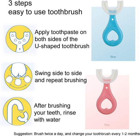 2 Pcs U-Shaped Kids Toothbrush, Premium Soft Manual Training Toothbrush for Kids 2-6 Years Old (Pink)