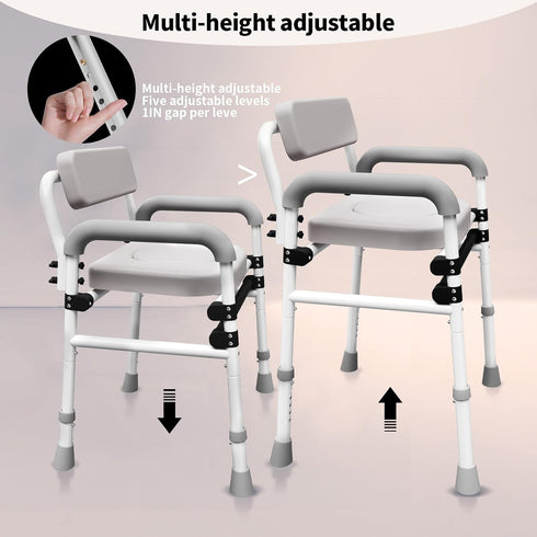 SeatYuPro Commode Adjustable Medical Bedside Chair with Padded Backrest, Drop Arm Support, Height Adjustable White