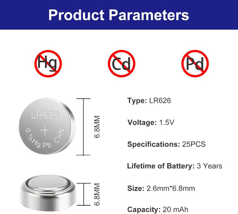 kunying 25 Pack LR626 AG4/377/SR626SW Battery, Watch Battery Coin Cells for Watches Calculators Toys