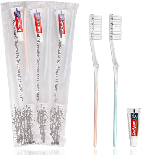50 Pack Disposable Toothbrushes with Toothpaste - Individually Wrapped Soft Bristle Manual Travel Toothbrush Kit in Bulk