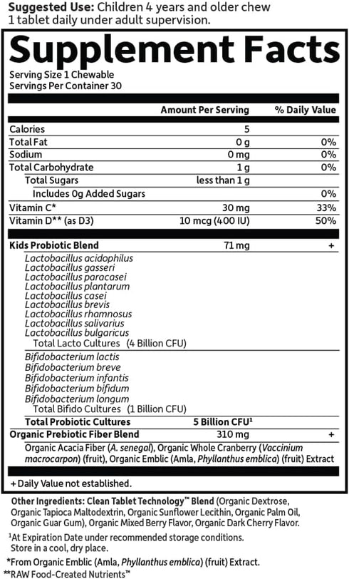 Immune 30 Garden of Life Dr. Formulated Probiotics Organic Kids+ plus Vitamin C & D - Berry Cherry - Gluten, Dairy