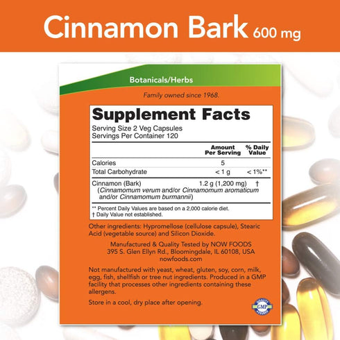 NOW Supplements, Cinnamon Bark 600 mg, Non-GMO Project Verified, Healthy Glucose Metabolism*, 240 Veg Capsules