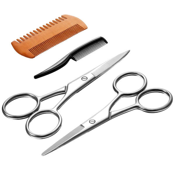 TecUnite Mustache Scissors Grooming Kit for Men - 4 Pieces Beard Trimmer Set with 2 Small Combs and Storage Bag
