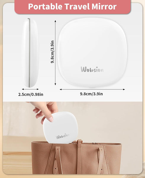 wobsion Travel Mirror with Light, Rechargeable 1x/10x Compact Dimmable Pocket Mirror, 4inch Travel Size (White)