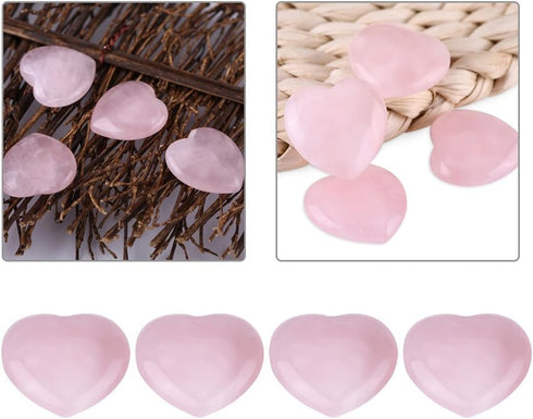 4pcs Healing Crystal Rose Quartz Carved Heart Shaped Shiny Stone, Reiki Balancing Semi-Precious Decor