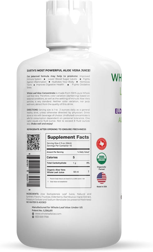 Whole Leaf Aloe Vera Juice with Organic Elderberry Extract Patented Formula, High Acemannan Content, and NO Water
