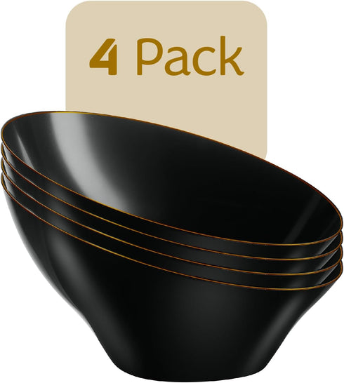PLASTICPRO Disposable Medium Plastic Bowls, Black with Gold Rim, Pack of 4 for Appetizer Salads