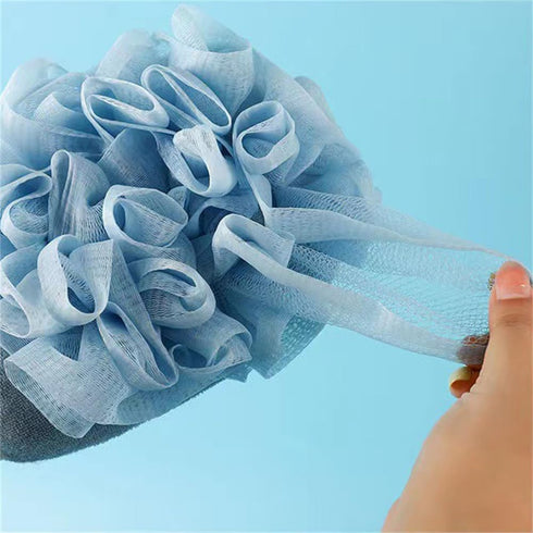Exfoliating Mesh Pouf Sponge Bath Shower Pouf 2 in 1 with Elastic Hand Strap for Women Men Kid (Blue)