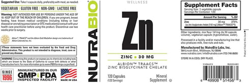 Immune 30mg 120 NutraBio Zinc Chelate Mineral Supplement - for Proper Growth, Development, and Health - of Zinc per
