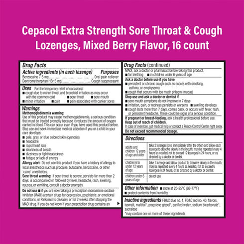 Cepacol Extra Strength Sore Throat & Cough Relief Lozenges, 16 Count, Mixed Berry Flavor, Pack of 4