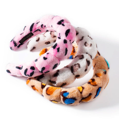 Spa Headbands for Washing Face or Makeup, Puffy Terry Cloth Hairband for Women, Skin Care Accessories (Leopard Pink)