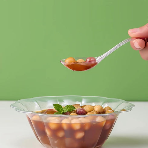 50 PCS Clear Plastic Disposable Spoons, Asian Soup Spoons, Chinese Tasting Spoons, Plastic Cutlery with Round Bottom