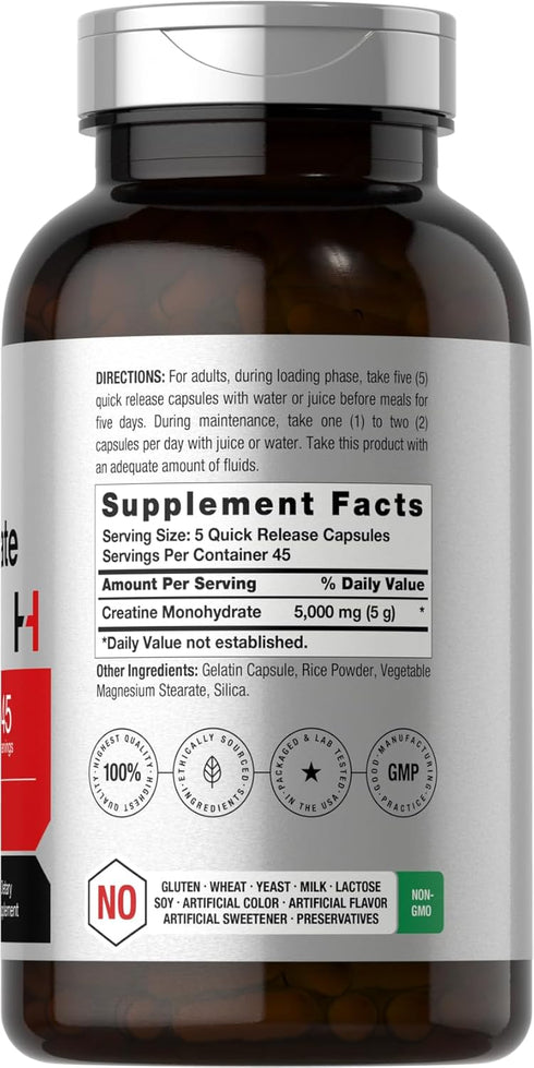 Horbaeach Creatine Monohydrate | 5g | 225 Capsules, Non-GMO, Gluten Free Supplement