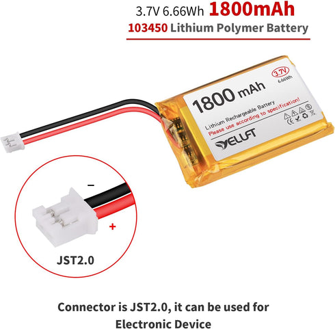 YELUFT 4pcs 3.7V 1800mAh 1S 103450 JST2.0 Lithium Polymer Battery Rechargeable Batteries with Protective Board and Plug