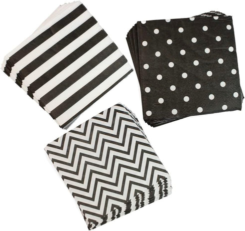 Disposable 2-ply Party Napkins - Striped Chevron Polka Dot Beverage Napkins for Birthday, 60-Count (Black)