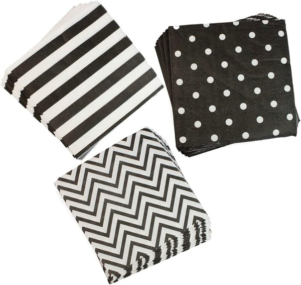 Disposable 2-ply Party Napkins - Striped Chevron Polka Dot Beverage Napkins for Birthday, 60-Count (Black)
